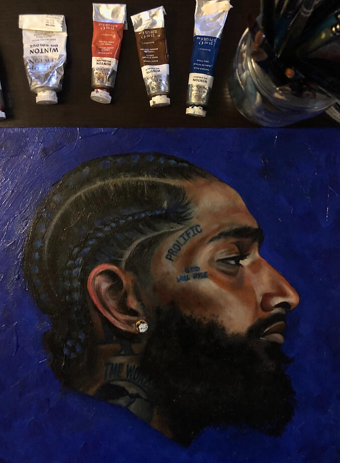 My Life in Diamonds | Nipsey Hussle Portrait, Oil on Birch Wood, 12"x12